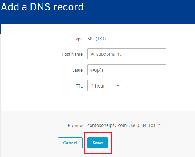 Screenshot of where you select Save to add an SPF TXT record.