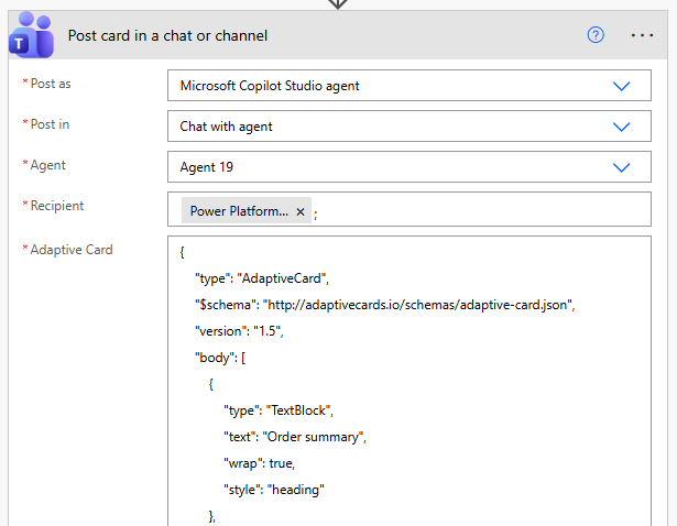 โพสต์การดำเนินการของการ์ดแบบปรับใน Power Automate.