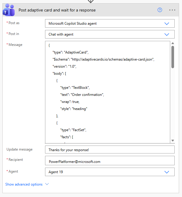 โพสต์อะแดปทีฟการ์ดและรอการตอบสนองใน Power Automate.