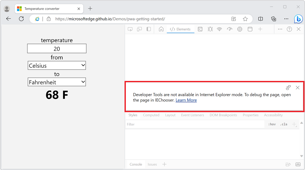 DevTools launched in IE mode