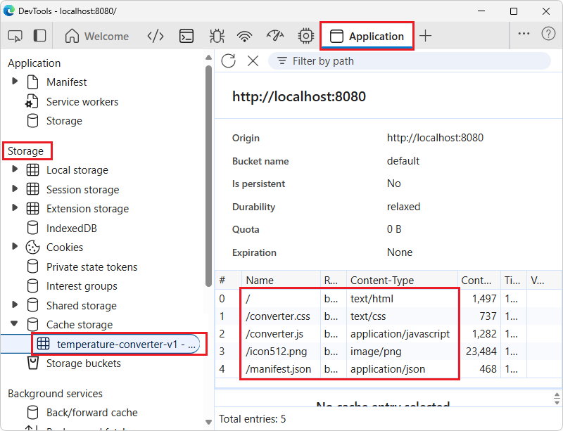 Installed app: DevTools > Application tool > Cache storage, showing cached resources