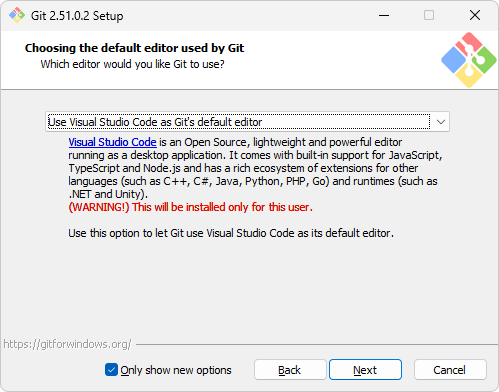 git installer with Visual Studio Code selected as default editor