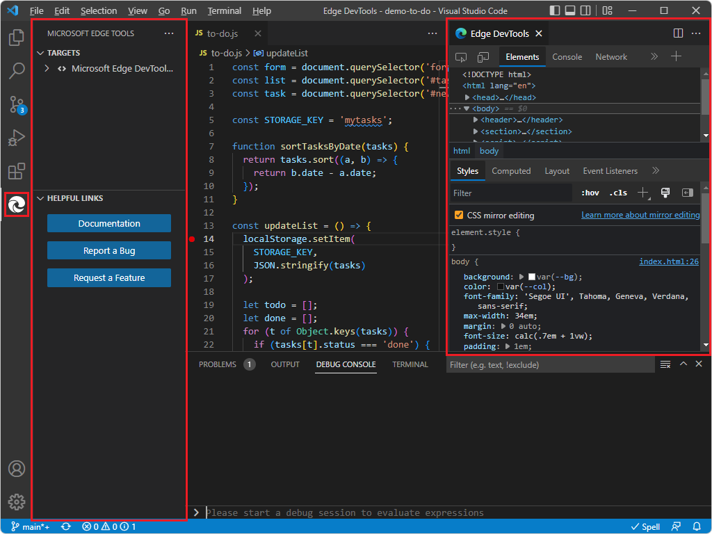 Visual Studio Code when external browser launched (and no Debug toolbar)