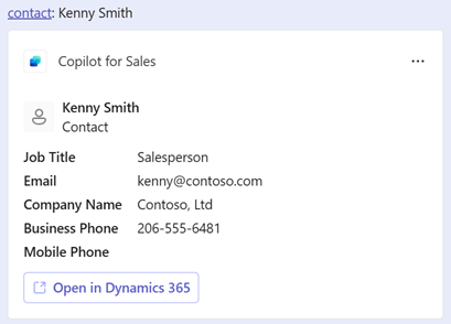 ภาพหน้าจอแสดงลิงก์การ์ดผู้ติดต่อ Copilot for Sales