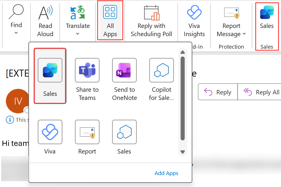 สกรีนช็อตแสดงการเข้าถึงตัวแทนการขายจากเดสก์ท็อป Outlook ขณะอ่านอีเมล