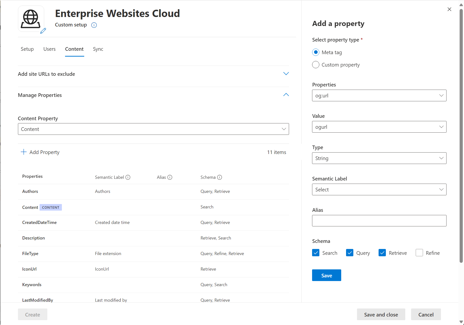 Screenshot that shows Content tab with meta tags panel