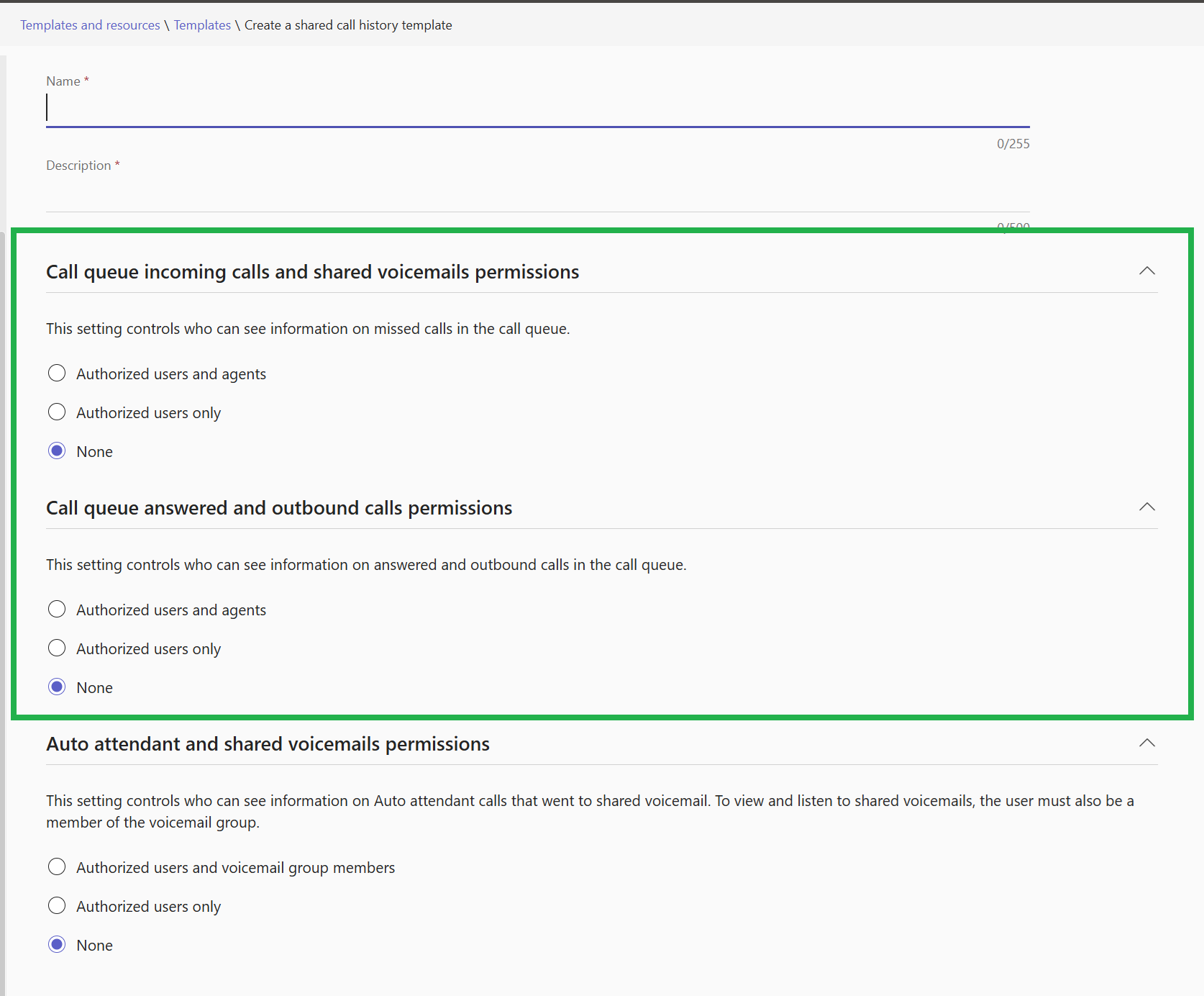 Screenshot showing the Shared Call History template and highlighting the Call queue portion.