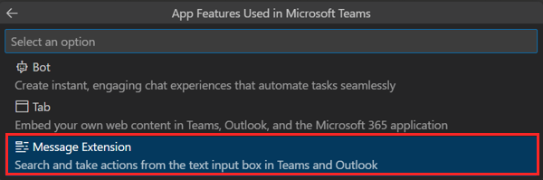 Screenshot shows the message extension option in Agents Toolkit.