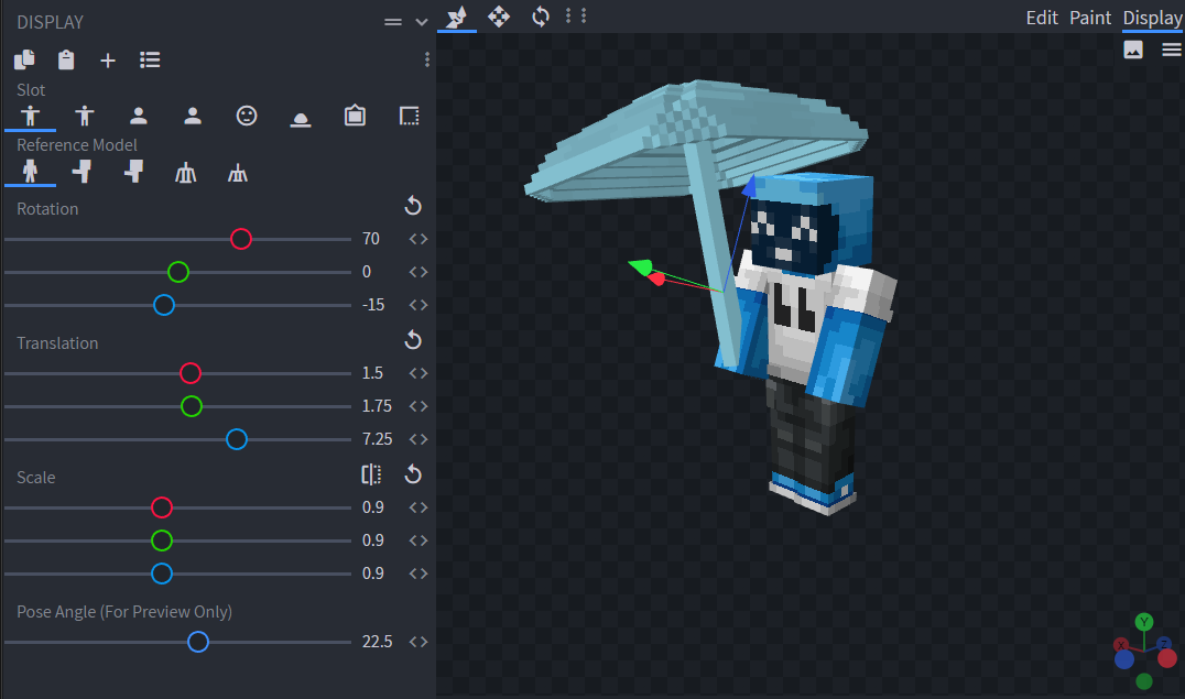 Image of a player holding an umbrella in the Blockbench application