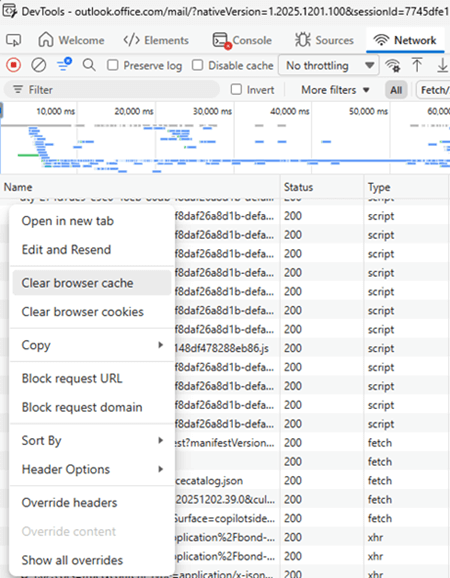 The 'Clear browser cache' option is selected in Microsoft Edge DevTools.
