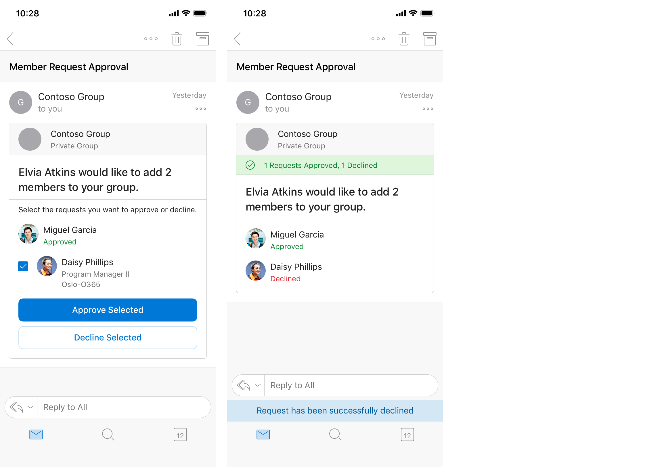 An add group members message card showing the second requested member being declined as rendered in Outlook on iOS.