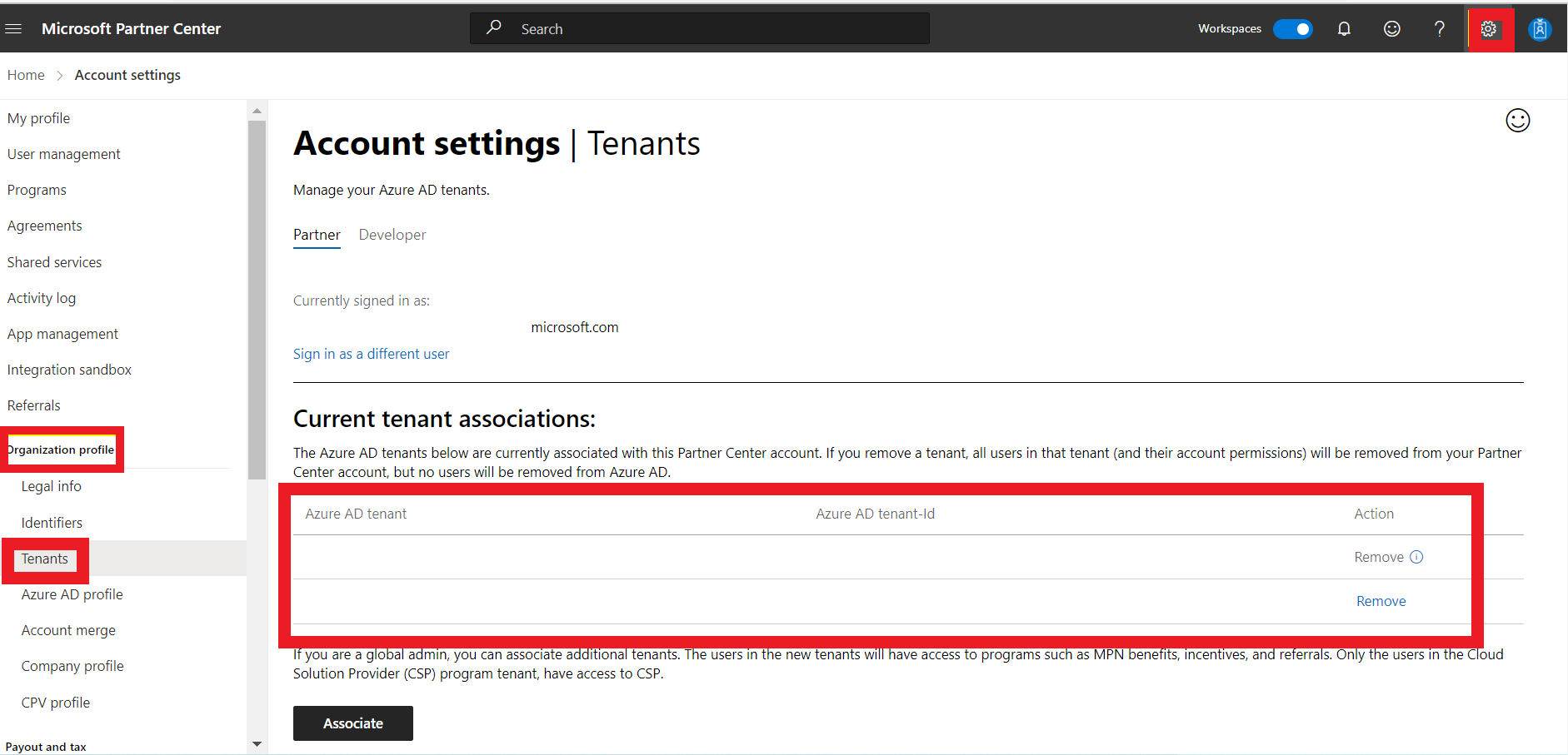 Screenshot showing the settings for tenants.