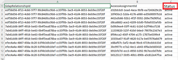 Screenshot of the CSV file that lists access assignments.