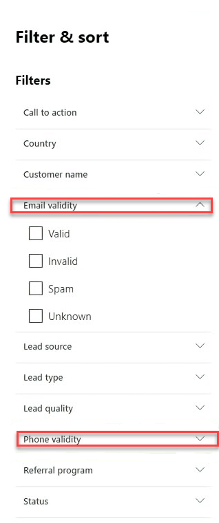 Screenshot of filtering and sorting leads in Partner Center, with the email-validity sorting and phone validity sorting options highlighted.