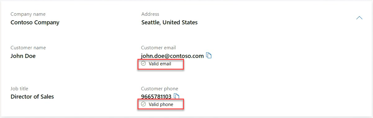 Screenshot of a marketplace offer lead in Partner Center with highlighted indicators that the phone number and email address are valid.