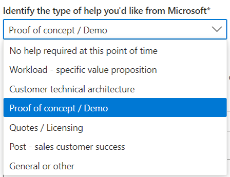 Screenshot of dropdown menu in Partner Center to identify the type of help you'd like.