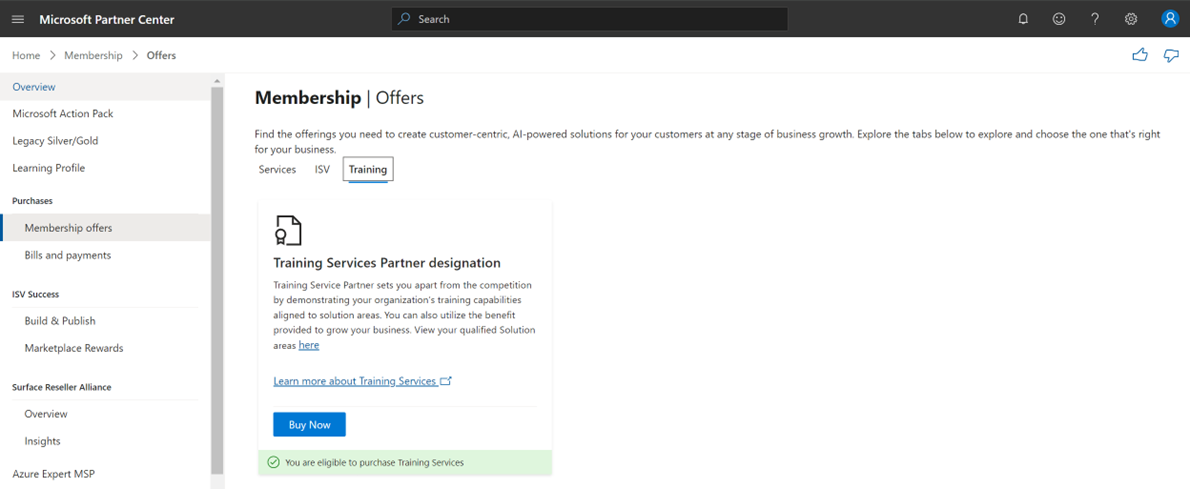 Screenshot of the Membership Offers Training Services Partner designation offer.