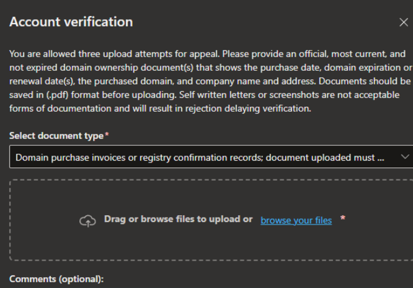 Screenshot that shows the Account verification window in Partner Center, with the **Select document type** highlighted.