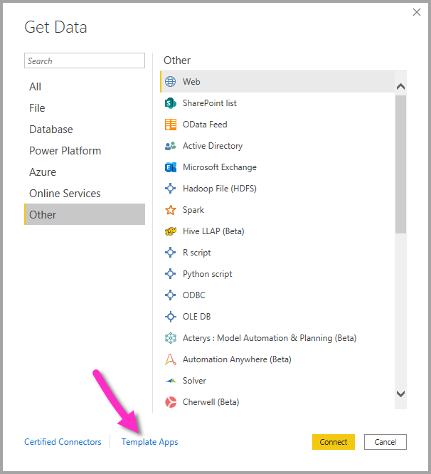 สกรีนช็อตที่แสดงลิงก์แอปเทมเพลตในกล่องโต้ตอบรับข้อมูล