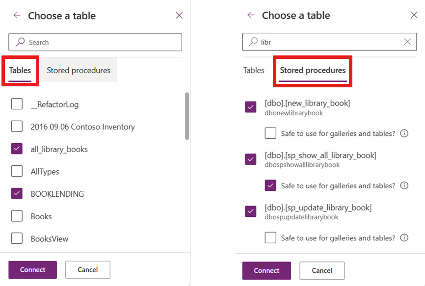 ภาพหน้าจอที่แสดงรายการตาราง มุมมอง และ Stored Procedure ที่สามารถเพิ่มลงในแอปของคุณ