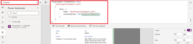 สกรีนช็อตของโฟลว์ที่เพิ่มไปยังคุณสมบัติ OnSelect ของปุ่ม