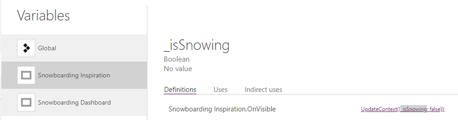 การเลือกตัวแปรบริบทจะนำคุณไปยังหน้าจอข้อมูลของตัวแปรบริบทที่เลือก