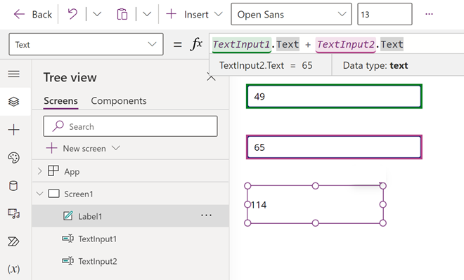 ภาพของการคำนวณผลรวมของตัวเลขสองตัวใหม่ใน Power Apps