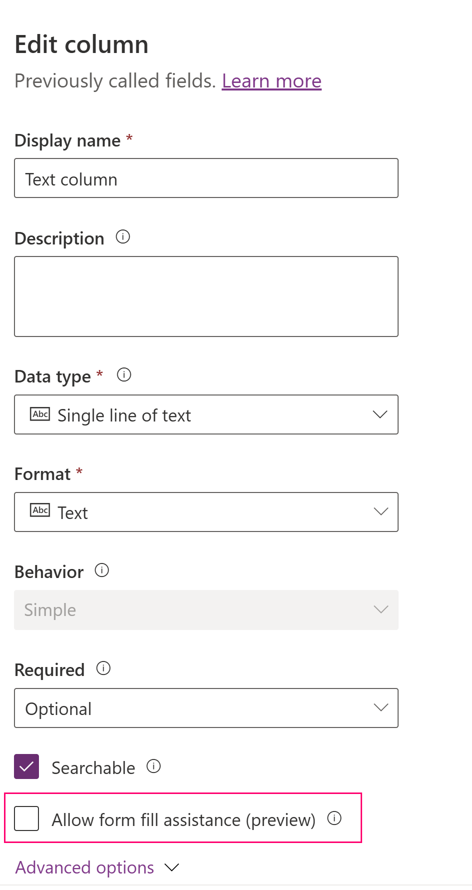 สกรีนช็อตของการตั้งค่าความช่วยเหลือในการเติมฟอร์มที่ปิดใช้งานในบานหน้าต่างคุณสมบัติของคอลัมน์