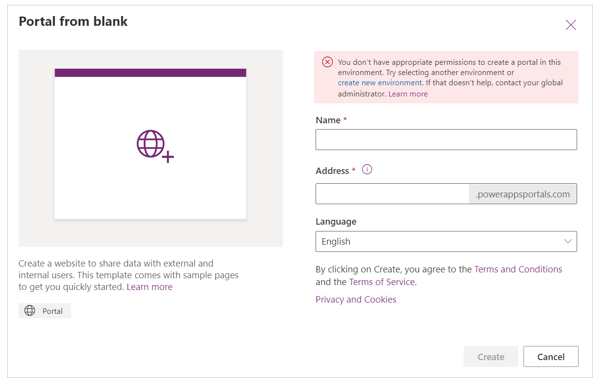 คุณไม่มีสิทธิ์ที่เหมาะสมในการสร้างพอร์ทัลในสภาพแวดล้อมนี้ ลองเลือกสภาพแวดล้อมอื่นหรือสร้างสภาพแวดล้อมใหม่ หากยังไม่สามารถแก้ปัญหาได้ โปรดติดต่อผู้ดูแลระบบส่วนกลาง ข้อผิดพลาดการสร้างพอร์ทัล