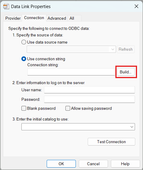 สกรีนช็อตของตัวให้บริการ OLE DB ของ Microsoft สำหรับ ODBC