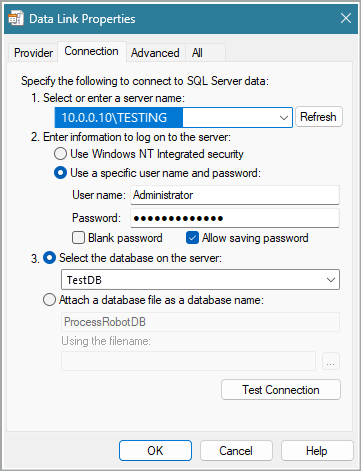 สกรีนช็อตของตัวให้บริการ OLE DB ของ Microsoft สำหรับ SQL Server