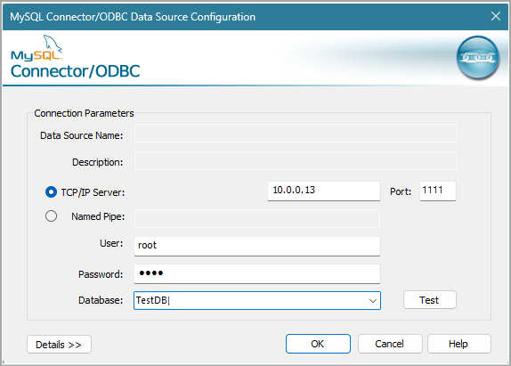 สกรีนช็อตของหน้าต่างการกำหนดค่า mysql