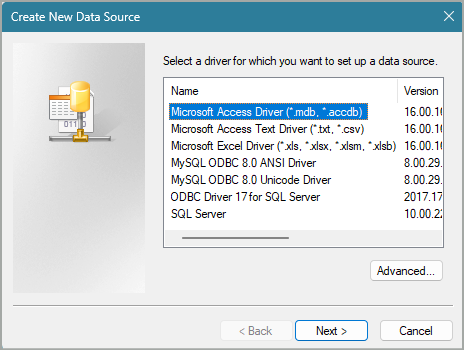สกรีนช็อตของรายการโปรแกรมควบคุม ODBC