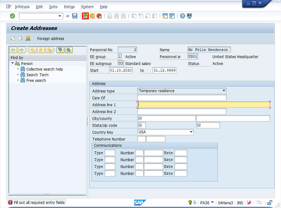 ภาพหน้าจอของหน้าต่าง สร้างที่อยู่ ใน SAP Easy Access โดยเน้นที่ ปุ่มย้อนกลับ