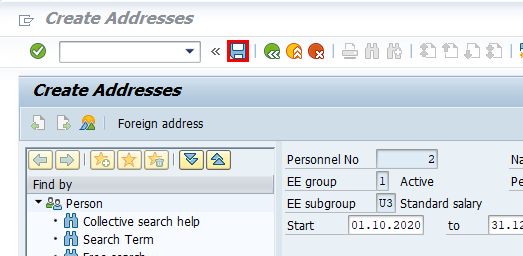 ภาพหน้าจอของหน้าต่างสร้างที่อยู่ใน SAP Easy Access โดยเน้นที่ ปุ่มบันทึก