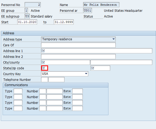 ภาพหน้าจอของหน้าต่างสร้างที่อยู่ใน SAP Easy Access โดยเน้นที่ฟิลด์ รัฐ ในพื้นที่ ที่อยู่