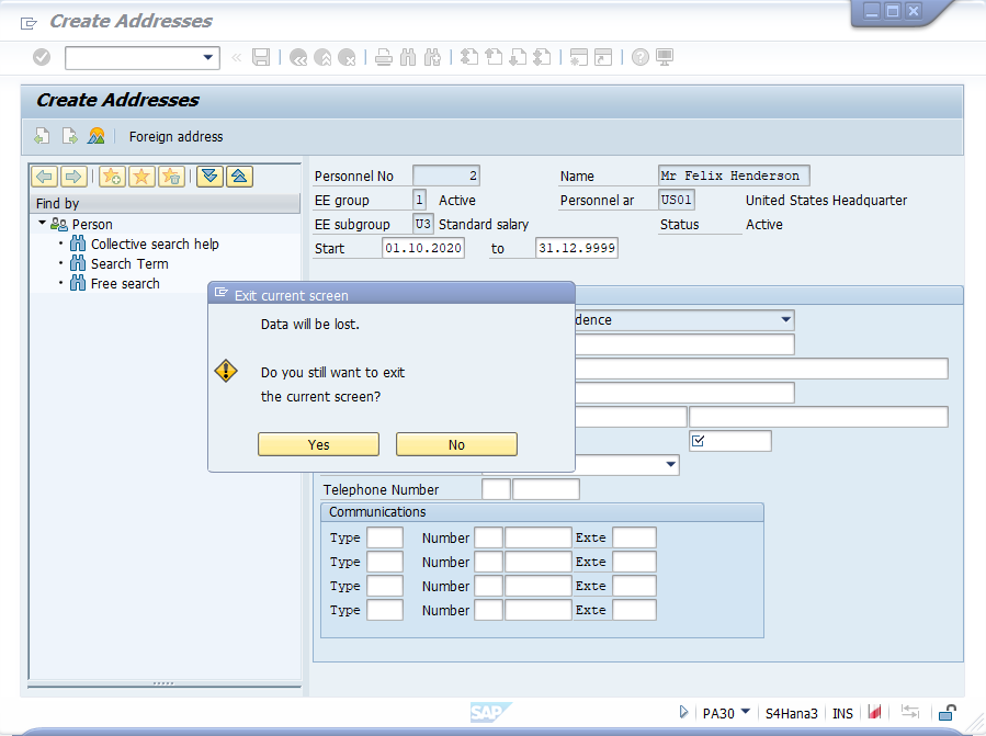 ภาพหน้าจอของกล่องข้อความ ข้อมูลจะสูญหาย ในหน้าต่างสร้างที่อยู่ ใน SAP Easy Access