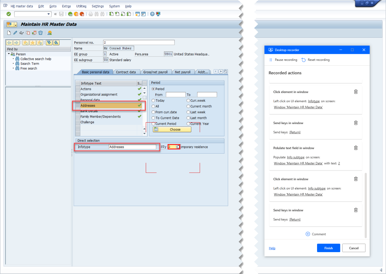 ภาพหน้าจอของ SAP GUI พร้อมหน้าต่างการติดตามตัวบันทึกเดสก์ท็อปและฟิลด์ข้อความ SAP Infotype ที่เลือก และฟิลด์ STy ที่ถูกทำเครื่องหมายสำหรับการบันทึก