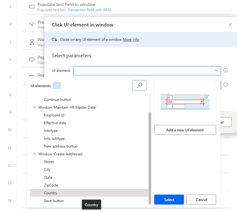 ภาพหน้าจอของหน้าต่างตัวออกแบบ Power Automate Desktop ที่มีคลิก องค์ประกอบ UI ในกล่องโต้ตอบหน้าต่าง เปิดขึ้น และรายการตัวแปร เปิดขึ้น