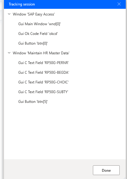 ภาพหน้าจอของกล่องโต้ตอบ การติดตามเซสชัน ที่มีองค์ประกอบ UI จากหน้าต่าง SAP Easy Access ที่เพิ่มเข้าไป