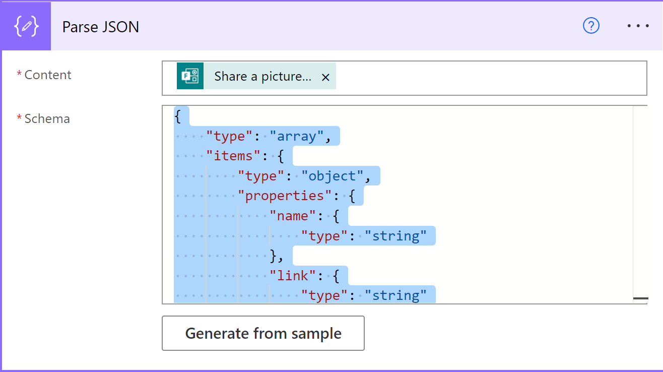 ภาพหน้าจอของการดำเนินการ Parse JSON ด้วยสคีมา JSON