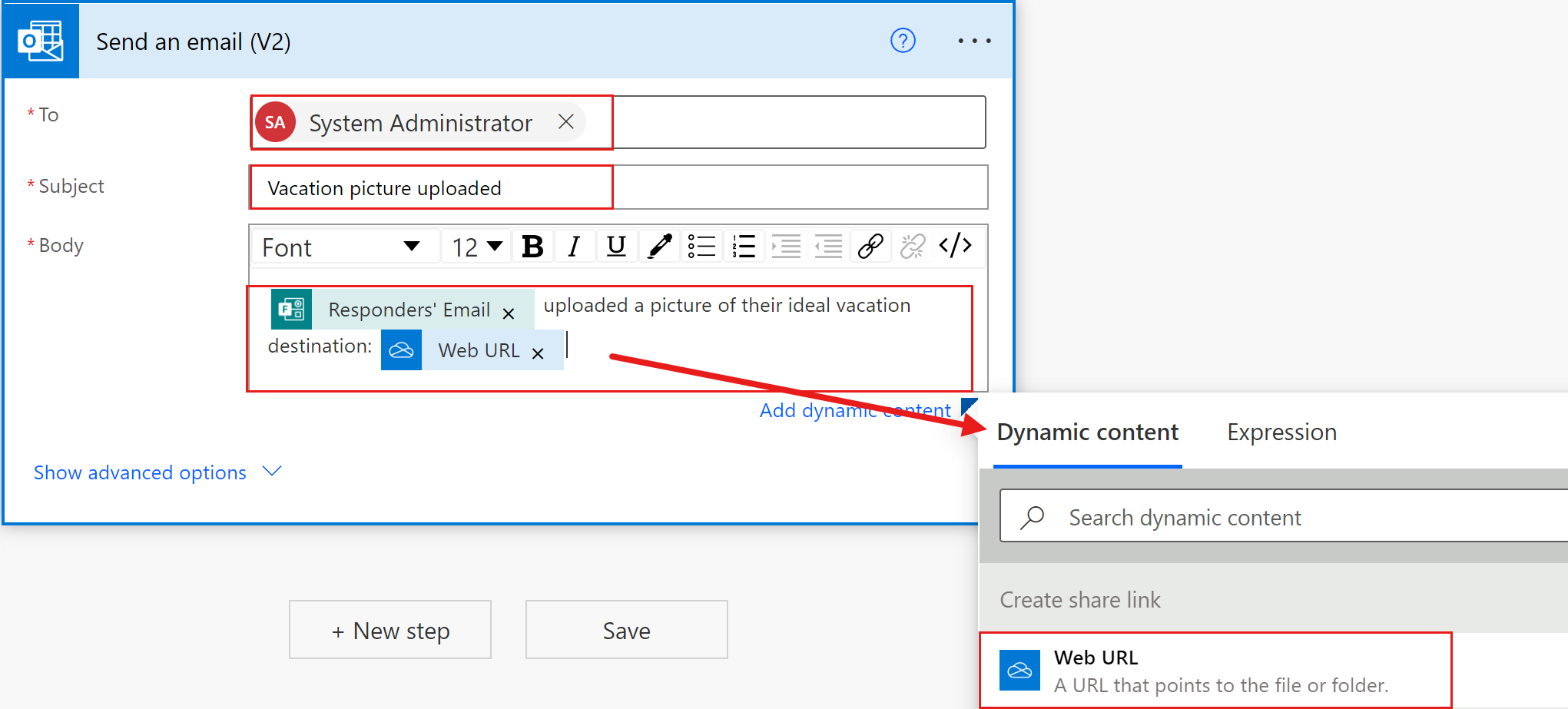 ภาพหน้าจอของการดำเนิน Outlook send email ในโฟลว์ที่กำลังดำเนินการ พร้อมไฮไลต์ที่ข้อมูลที่กำหนดเองและเนื้อหาแบบไดนามิก