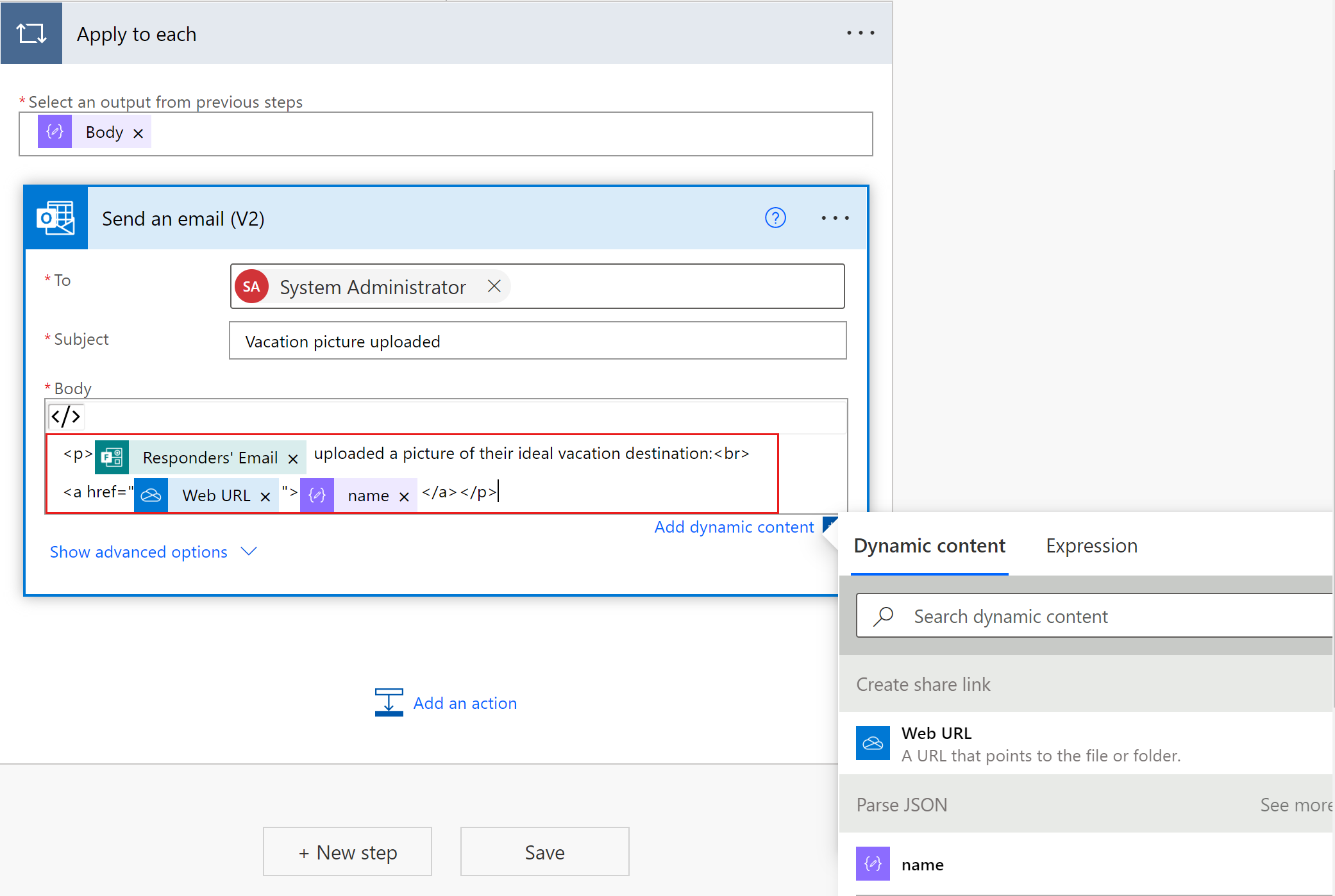 ภาพหน้าจอของการดำเนิน Outlook send email ในโฟลว์ที่กำลังดำเนินการ พร้อมไฮไลต์ที่ข้อมูลที่กำหนดเองและเนื้อหาแบบไดนามิก ในมุมมอง HTML