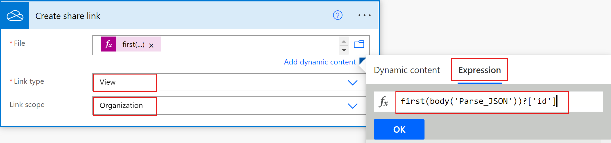 ภาพหน้าจอของการดำเนินการ OneDrive Create share link ในโฟลว์ที่กำลังดำเนินการ โดยไฮไลต์ไฟล์ที่อัปโหลดของฟอร์ม ชนิดลิงก์ และขอบเขตลิงก์