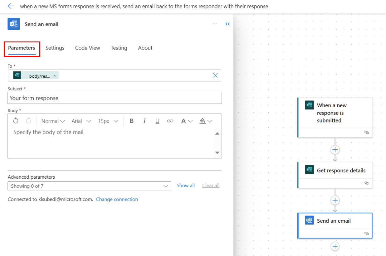 ภาพหน้าจอของแท็บ 'พารามิเตอร์' การดำเนินการส่งอีเมลของ Outlook ใน Copilot