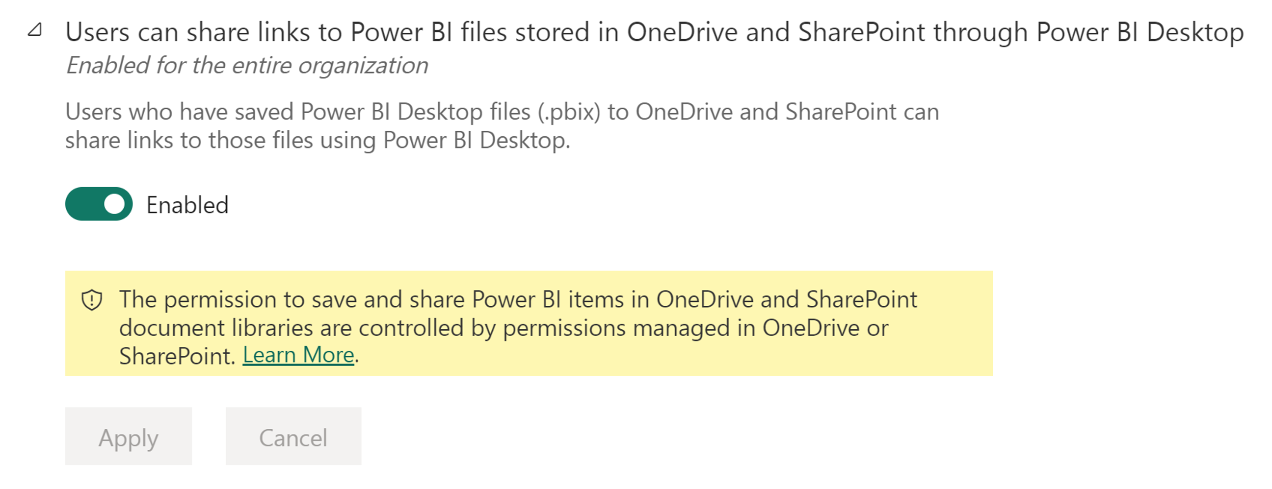 สกรีนช็อตของการตั้งค่าผู้ดูแลระบบที่เรียกว่า: ผู้ใช้สามารถแชร์ลิงก์ไปยังไฟล์ Power BI ที่จัดเก็บใน OneDrive และ SharePoint ผ่าน Power BI Desktop ได้