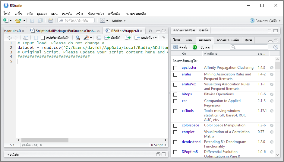 Screenshot of the R I D E launched in Power B I Desktop, showing it in R Studio.