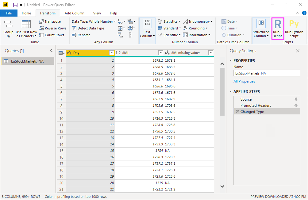 [Screenshot shows Power Query Editor with Run R Script selected.