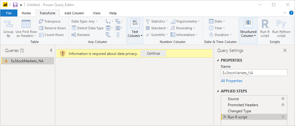 Screenshot shows data privacy warning with a Continue option.