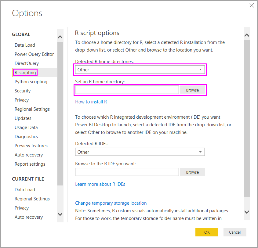 Screenshot of the Options dialog showing R script options with Set an R home directory highlighted.